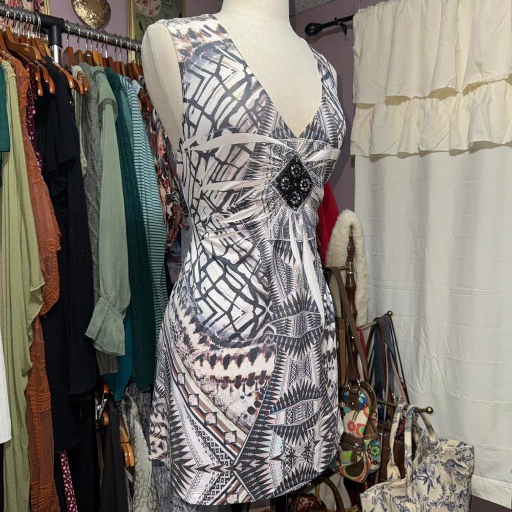 Y2K Beaded Tribal Festival V neck tank top/ Mini Dress